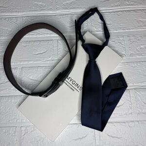 Navy Blue Tie and Black/Brown Belt Set for Kids 8yo